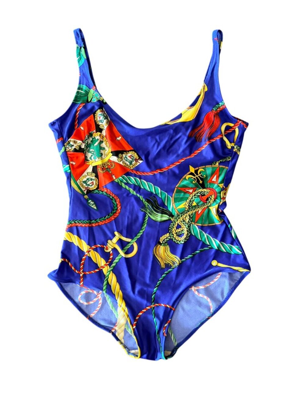 80s 90s Vintage Rope Tassel Print One Piece Swimsuit Blue Multicolor